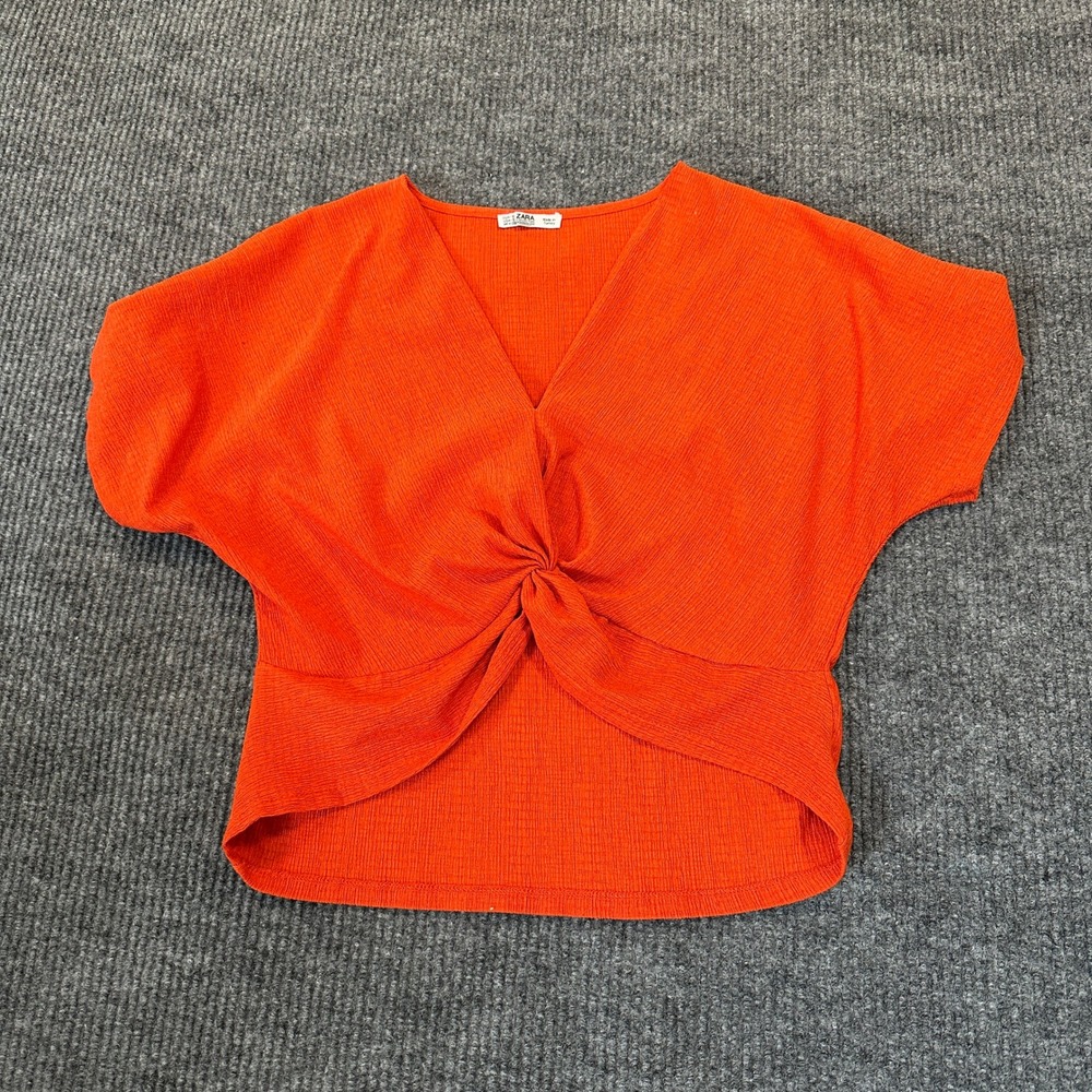 Zara‎ Woman Basic Twist Front Top Small Orange Textured V-Neck Short Sleeve